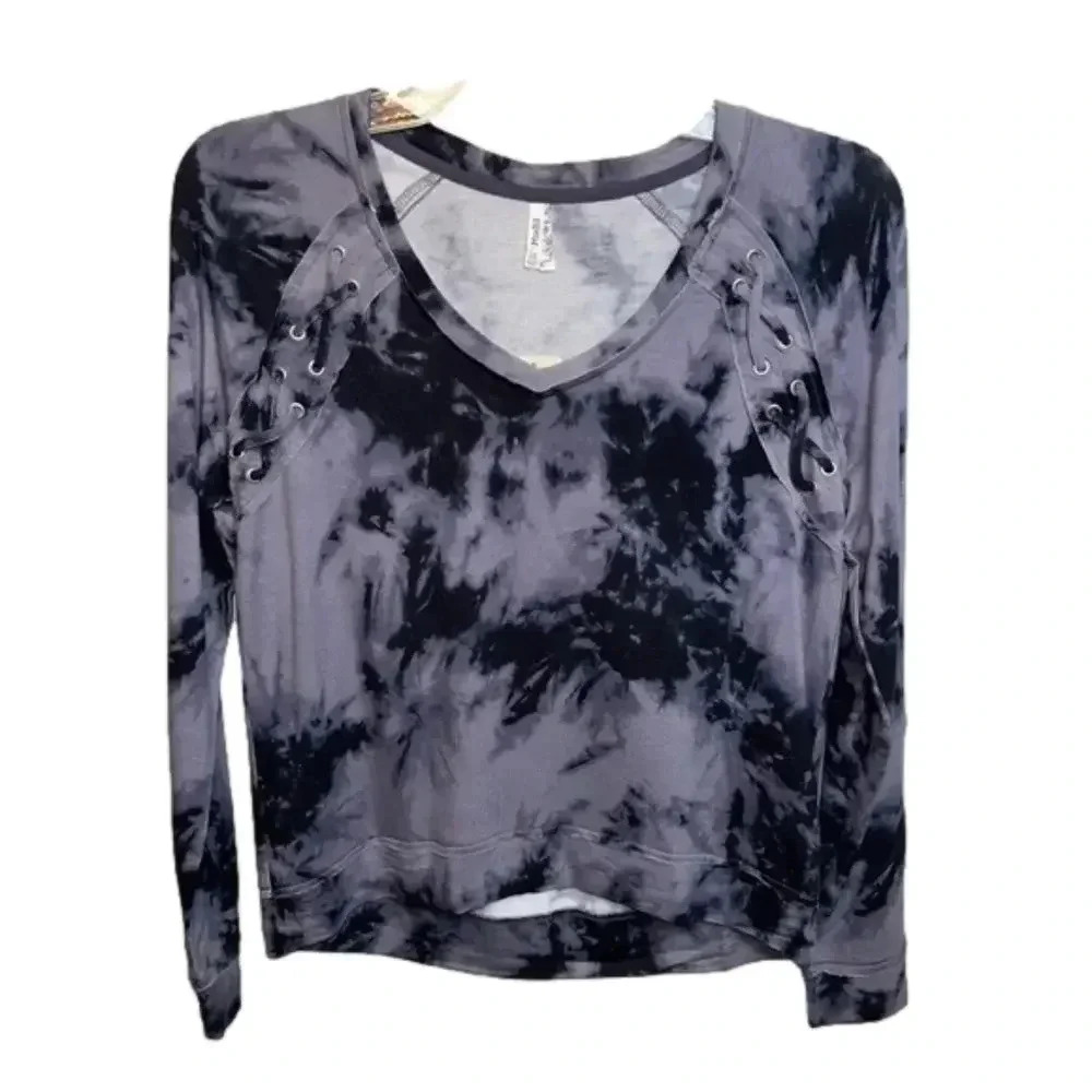 MUDD Women’s black and gray,‎ tie dye sweatshirt with lace up details